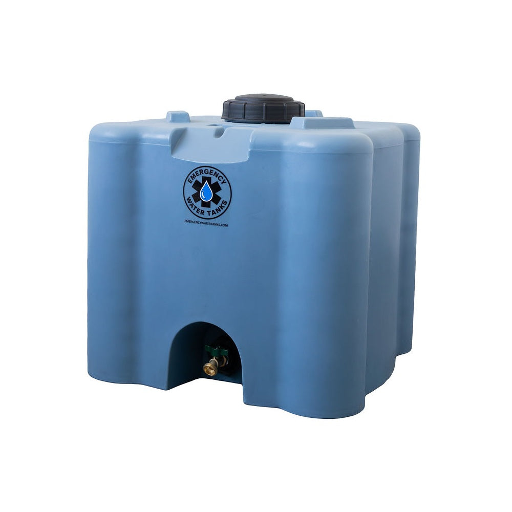 angled (front and side) view of Emergency Water Tanks' 30-gallon portable stackable storage tank