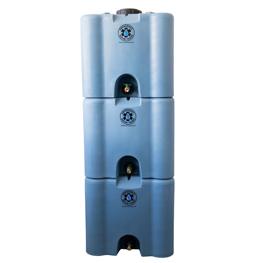 stacked view of Emergency Water Tanks' 30-gallon portable stackable storage tanks