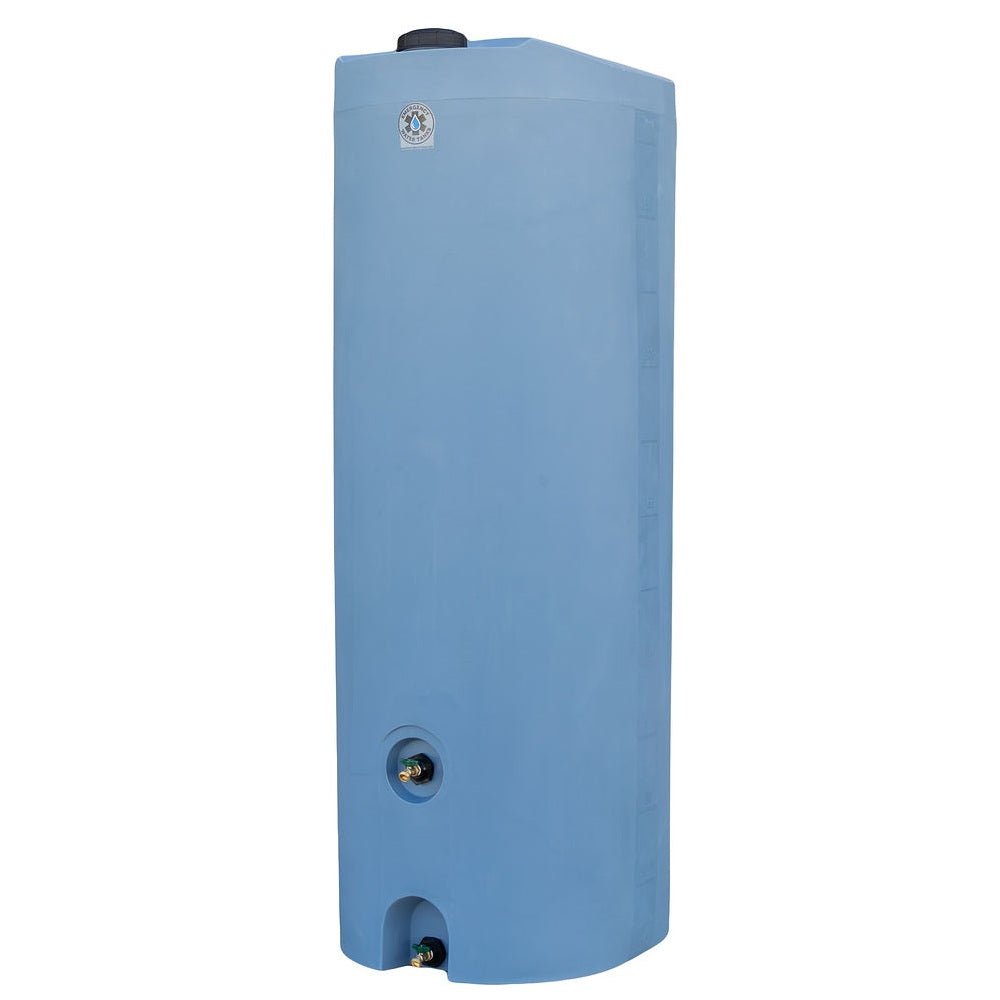 angled (front and side) view of Emergency Water Tanks' 300-gallon doorway storage barrel