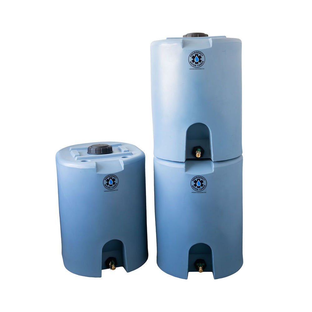 2 stacked and 1 to the side view of Emergency Water Tanks' 55-gallon stackable storage barrels
