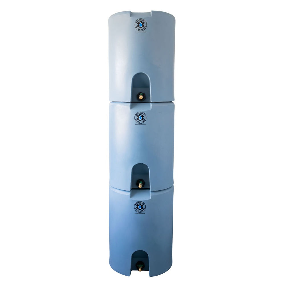 3 stacked view of Emergency Water Tanks' 55-gallon stackable storage barrels